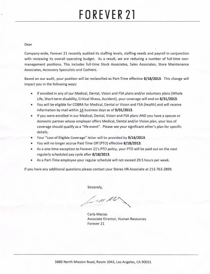 Retail company Forever 21 sent this letter to all full timenon ...